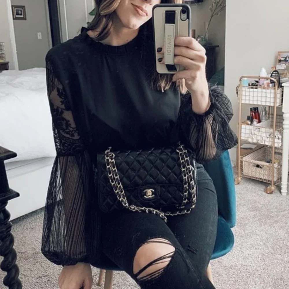 Black sheer sleeve lace long sleeve Top Classic - Picture 1 of 11